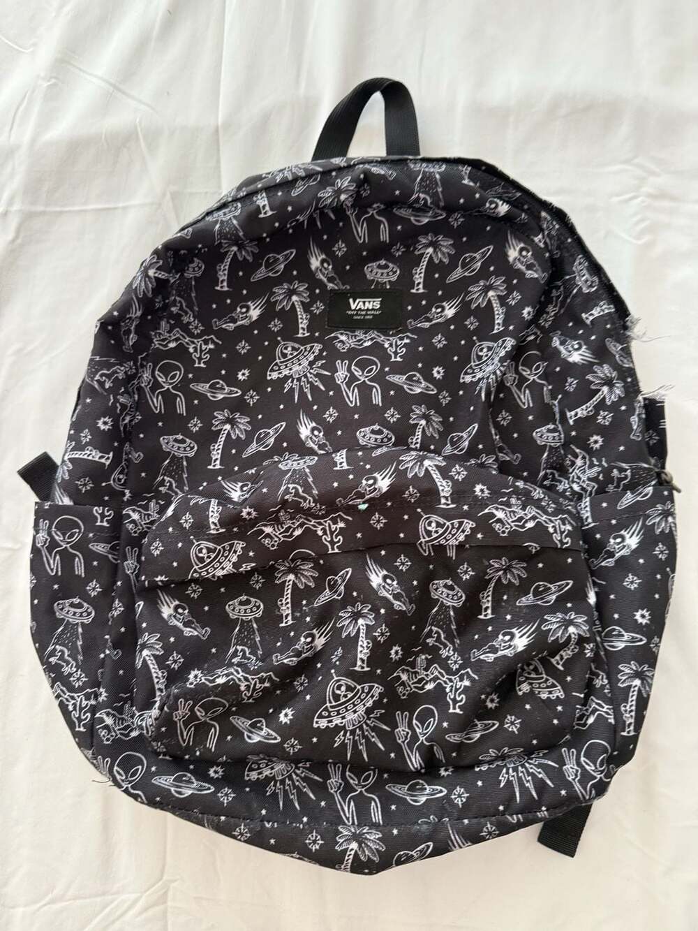 Vans Realm Backpack Alien UFO Doodle Print Black White